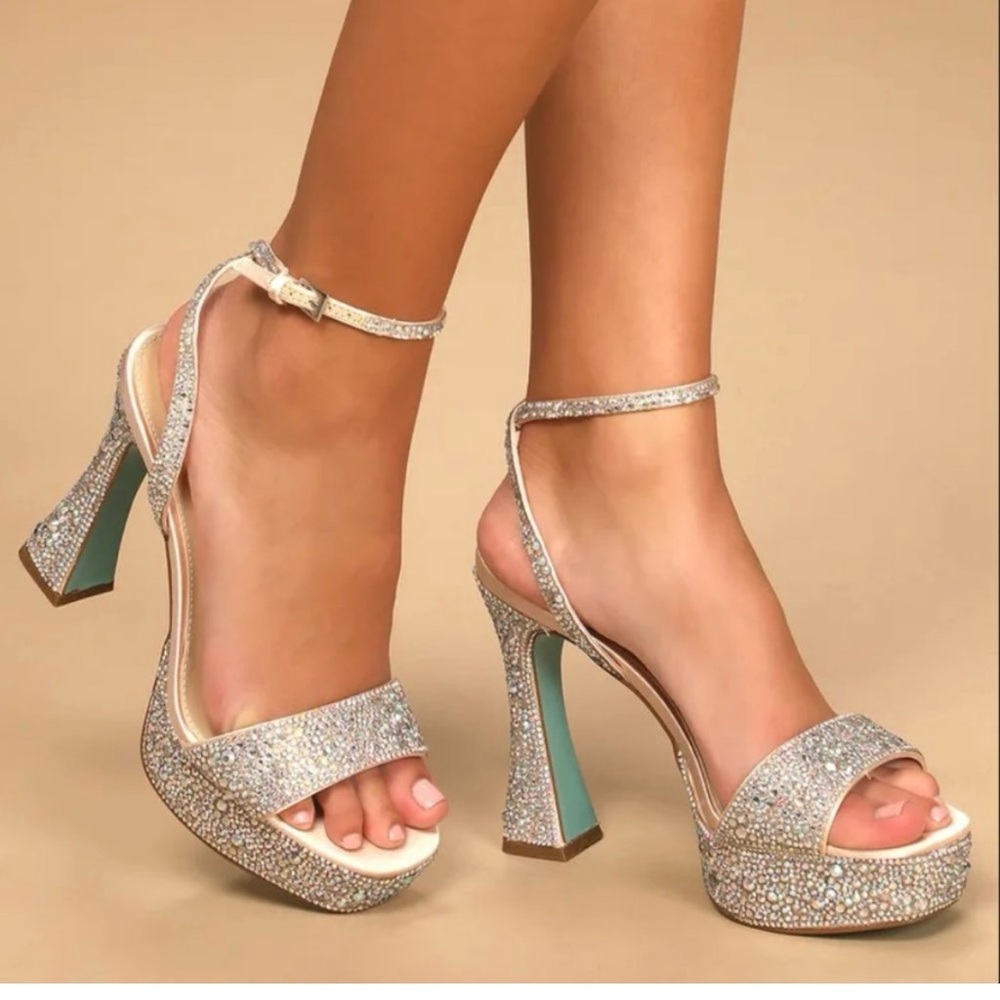 Betsey Johnson Silver Rhinestone Platform Heels with Teal Sole